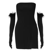 Polyester Slim Tube Top Dress side slit & two piece glove & skirt Solid black Set