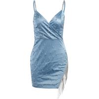 Polyester Slim & High Waist Sexy Package Hip Dresses deep V & side slit patchwork Solid blue PC