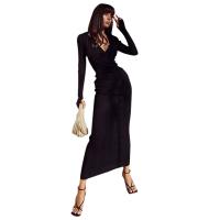Polyester Slim & High Waist One-piece Dress deep V & hollow patchwork Solid black PC