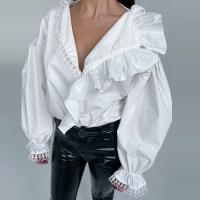 Gewebt & Polyester Frauen Langarm Shirt, Patchwork, Solide, Weiß, :L,  Stück