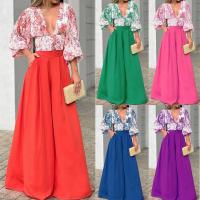 Polyester Wide Leg Trousers Women Casual Set deep V & two piece Long Trousers & top PC