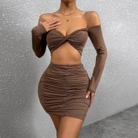 Polyester Women Casual Set backless & two piece skirt & top Solid coffee Set