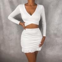 Polyester Crop Top Women Casual Set deep V & two piece skirt & top Solid Set