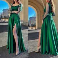 Polyester front slit Long Evening Dress Solid green PC
