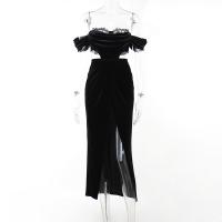Polyester Slim One-piece Dress side slit & backless & off shoulder & hollow patchwork Solid black PC