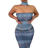 Polyester Slim & High Waist Sexy Package Hip Dresses & off shoulder patchwork blue PC