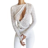 Polyester Slim Women Long Sleeve Blouses see through look & hollow patchwork Solid white PC