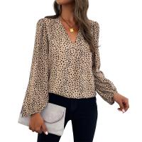 Polyester Women Long Sleeve Shirt & loose printed leopard khaki PC