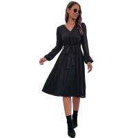 Polyester Pleated One-piece Dress mid-long style & deep V patchwork Solid black PC