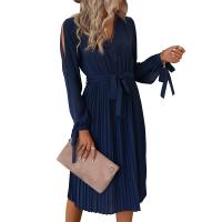 Polyester Pleated One-piece Dress mid-long style & deep V & hollow patchwork Solid Navy Blue PC
