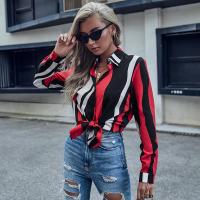 Polyester Women Long Sleeve Shirt slimming printed striped red PC