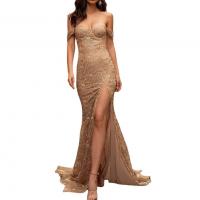Polyester Slim Long Evening Dress side slit & backless gold PC