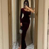 Polyester Slim Sexy Package Hip Dresses side slit & One Shoulder Solid wine red PC