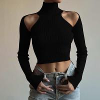 Algodón Mujeres camiseta de manga larga, de punto, Sólido, negro,  trozo