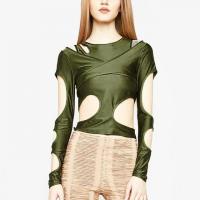 Polyester Women Long Sleeve Blouses & hollow patchwork green PC
