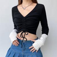 Polyester Drawstring Design Women Long Sleeve T-shirt knitted black PC