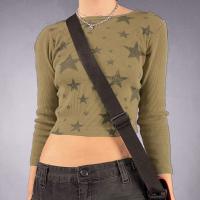 Poliéster Mujeres camiseta de manga larga, impreso, patrón de estrellas, verde del ejército,  trozo