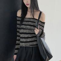 Polyester Slim Boat Neck Top knitted striped black PC