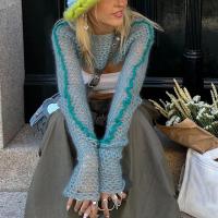 Viscose Fiber Women Long Sleeve Blouses & hollow knitted blue PC