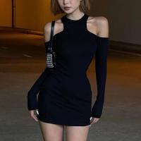 Polyester Slim Sexy Package Hip Dresses patchwork Solid black PC