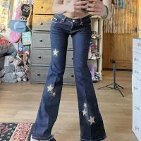 Cotton Women Jeans slimming embroidered star pattern blue PC