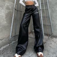 Polyester High Waist Women Long Trousers slimming patchwork Solid black PC