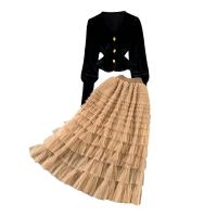 Pleuche & Polyester Women Casual Set deep V & two piece skirt & top Set