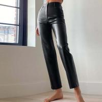 PU Leather Slim & High Waist Women Long Trousers Solid black PC