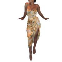 Polyester Slim & High Waist Slip Dress irregular & side slit & backless printed PC