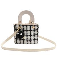 Woollen Cloth & PU Leather Box Bag Handbag attached with hanging strap plaid PC