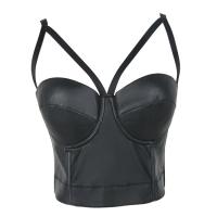 PU Leather Slim & Crop Top Camisole backless patchwork Solid black PC