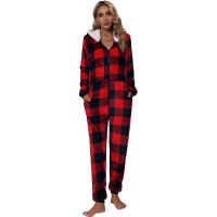 Polyester With Siamese Cap Women Siamese Pajamas & loose plaid red PC