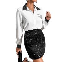 Polyester Frauen Langarm Shirt,  Pailletten, Solide, Weiß,  Stück
