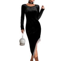 Nylon Sheath & Tassels One-piece Dress mid-long style Polyester patchwork Solid black PC