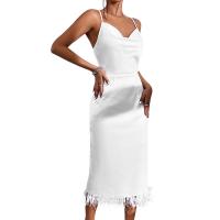 Polyester Tassels One-piece Dress mid-long style & back split patchwork Solid white PC