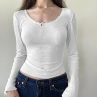 ポリエステル 女性ロングスリーブTシャツ パッチワーク 単色 白 一つ