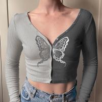 Poliéster Mujeres camiseta de manga larga, impreso, patrón de mariposa, gris,  trozo
