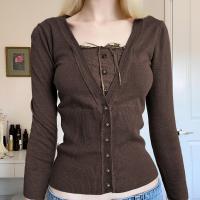 Viscose Women Long Sleeve Blouses & fake two piece knitted Solid brown PC