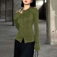 Polyester Frauen Langarm Blusen, Patchwork, Solide, Armee grün,  Stück