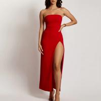 Cotton Long Evening Dress side slit & off shoulder patchwork Solid red PC