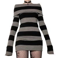 Polyester Slim Sexy Package Hip Dresses knitted striped black PC
