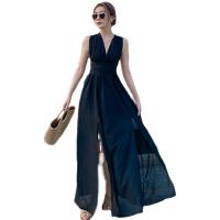 Chiffon Slim & front slit One-piece Dress backless patchwork Solid black PC