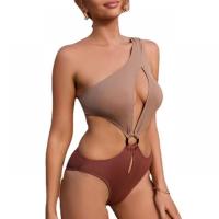 Polyester One-piece Swimsuit backless & hollow & skinny style & One Shoulder Solid khaki PC