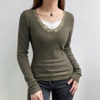 Polyester lace Women Long Sleeve T-shirt patchwork green PC