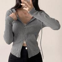 Polyester Slim Women Cardigan knitted Solid gray PC