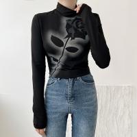 ポリエステル 女性ロングスリーブTシャツ 印刷 花 黒 一つ