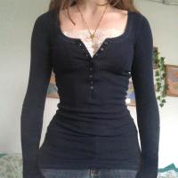 ポリエステル 女性ロングスリーブTシャツ パッチワーク 単色 黒 一つ