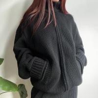 Polyester Sweater Coat & loose knitted Solid black PC