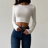 Rayon Crop Top Women Long Sleeve T-shirt patchwork Solid white PC