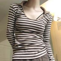 Cotton Slim Women Long Sleeve T-shirt printed striped brown PC